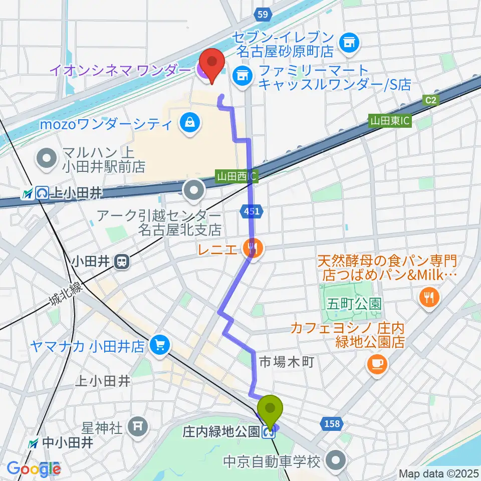 庄内緑地公園駅からイオンシネマワンダーへのルートマップ地図