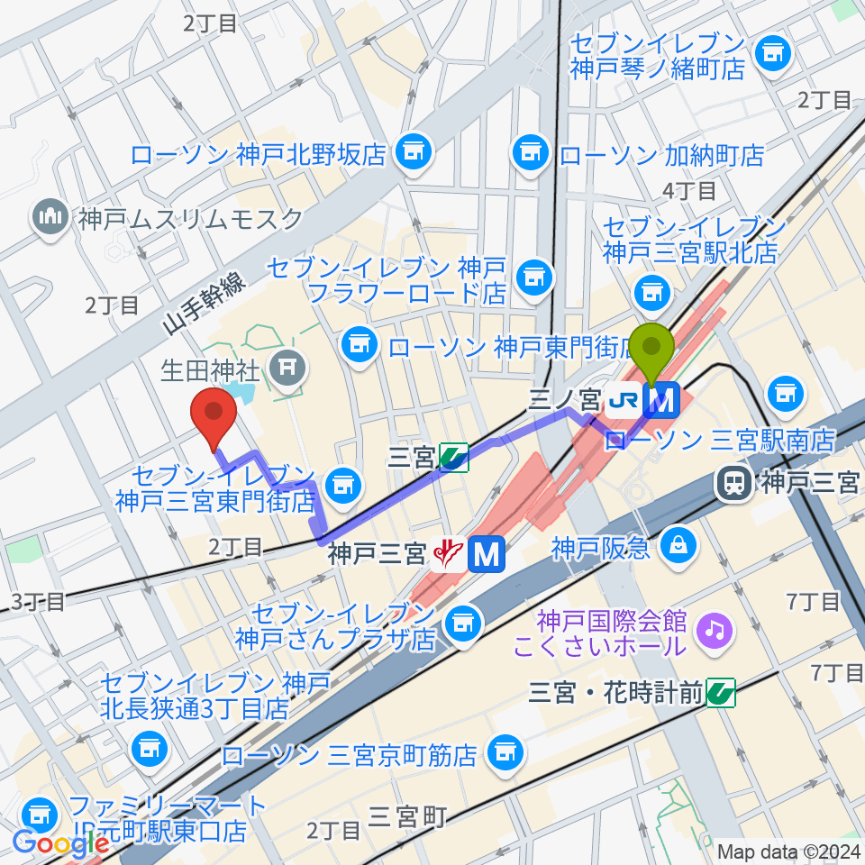 神戸かくれんぼの最寄駅三ノ宮駅からの徒歩ルート（約8分）地図