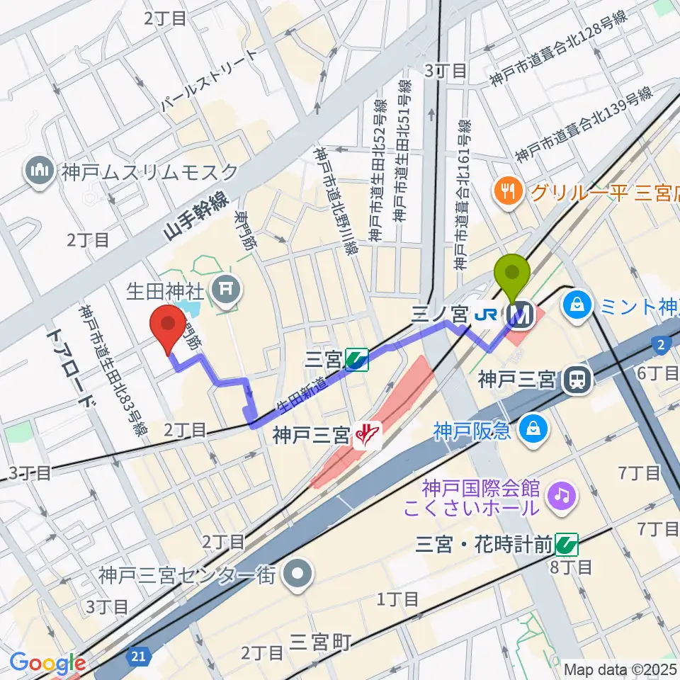 神戸かくれんぼの最寄駅三ノ宮駅からの徒歩ルート（約8分）地図