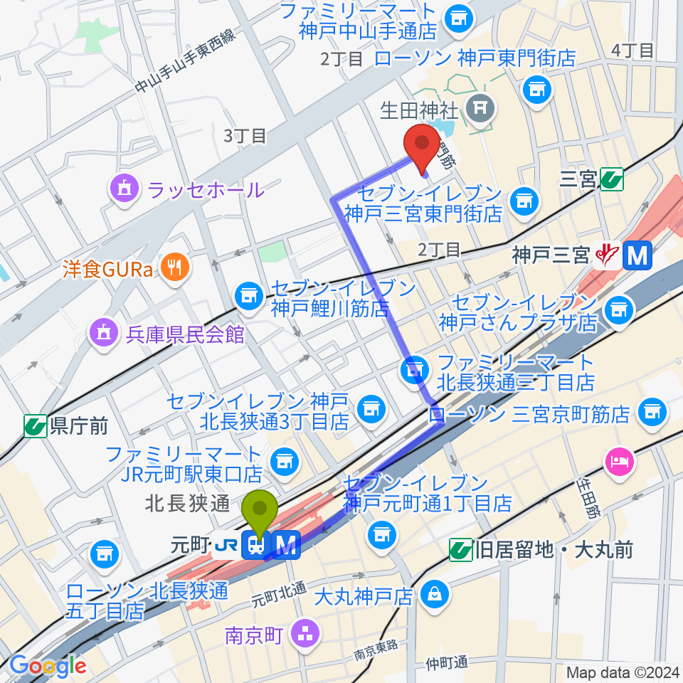 元町駅から神戸かくれんぼへのルートマップ地図