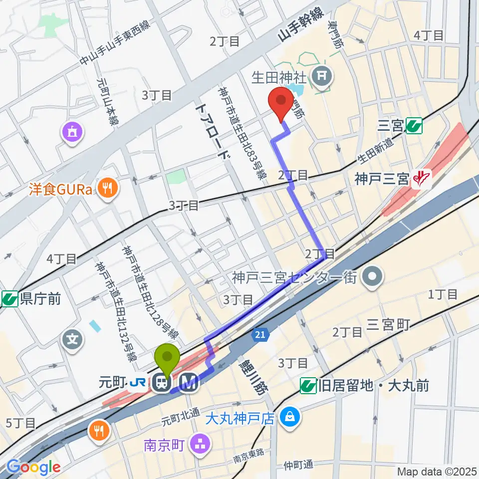 元町駅から神戸かくれんぼへのルートマップ地図
