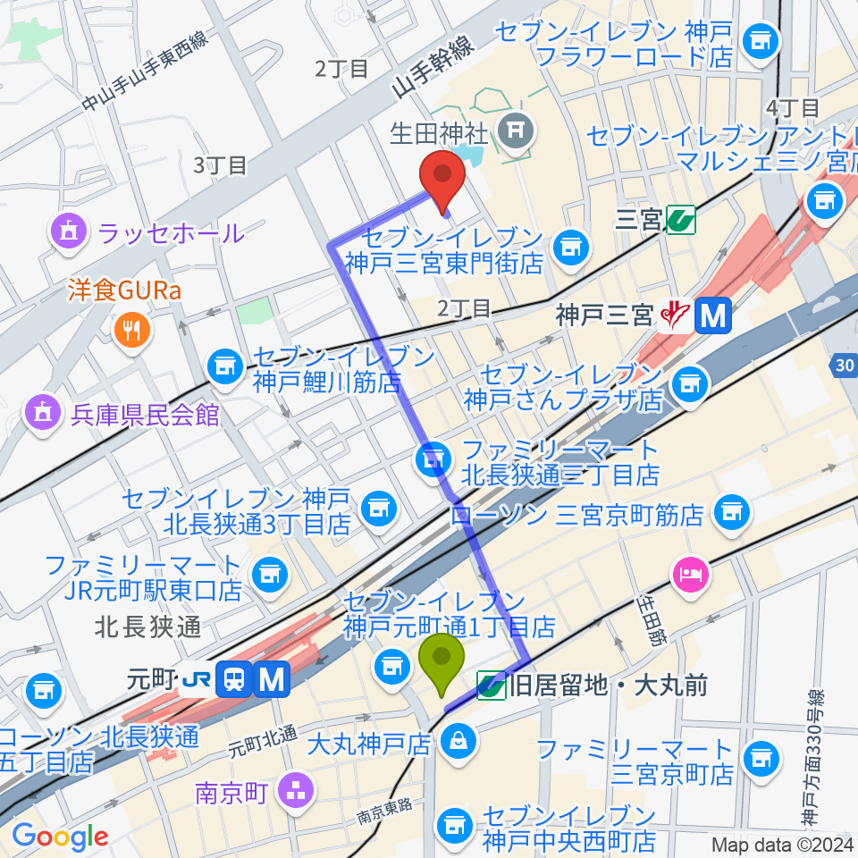 旧居留地・大丸前駅から神戸かくれんぼへのルートマップ地図