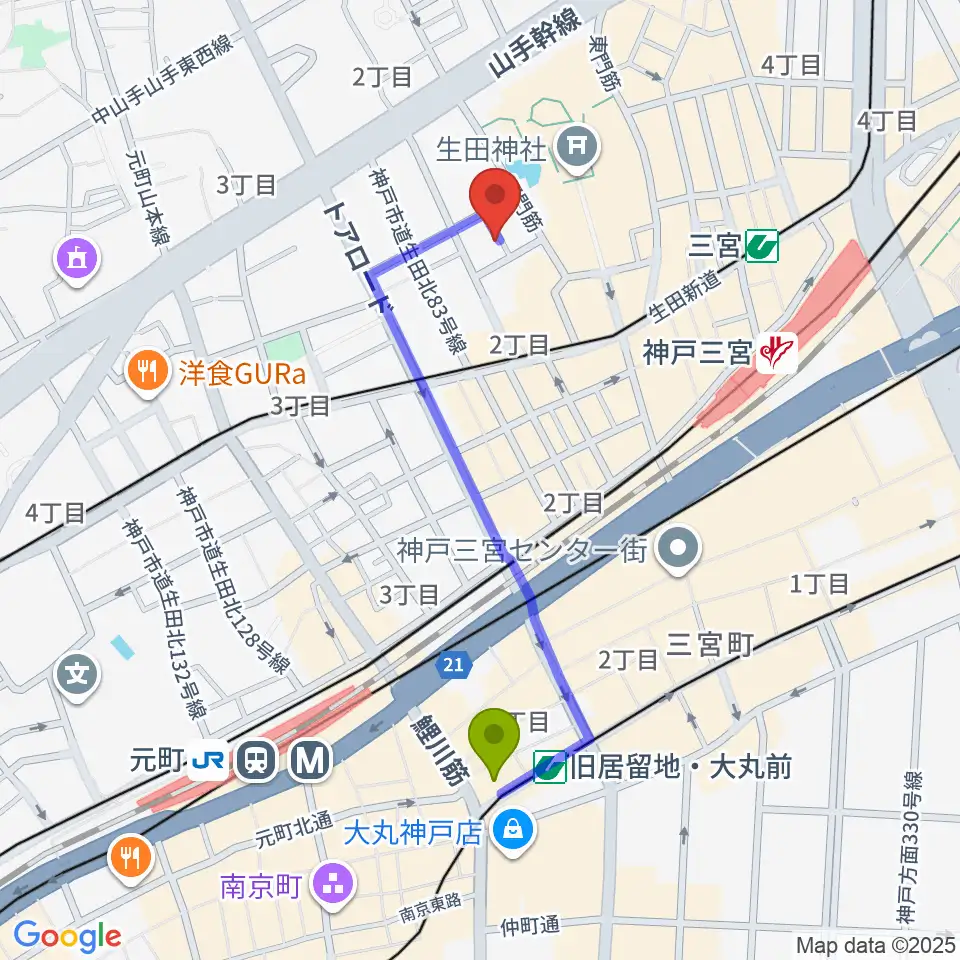 旧居留地・大丸前駅から神戸かくれんぼへのルートマップ地図