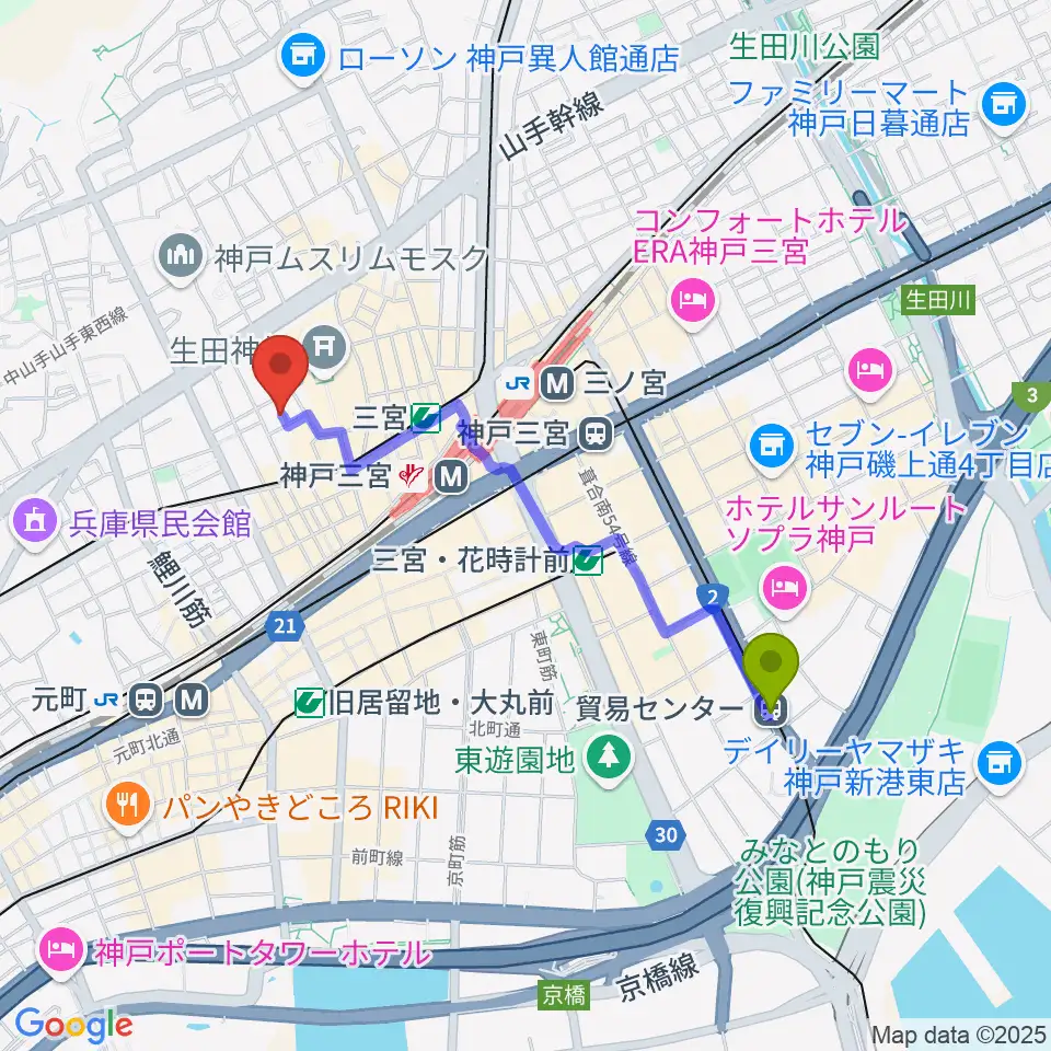 貿易センター駅から神戸かくれんぼへのルートマップ地図