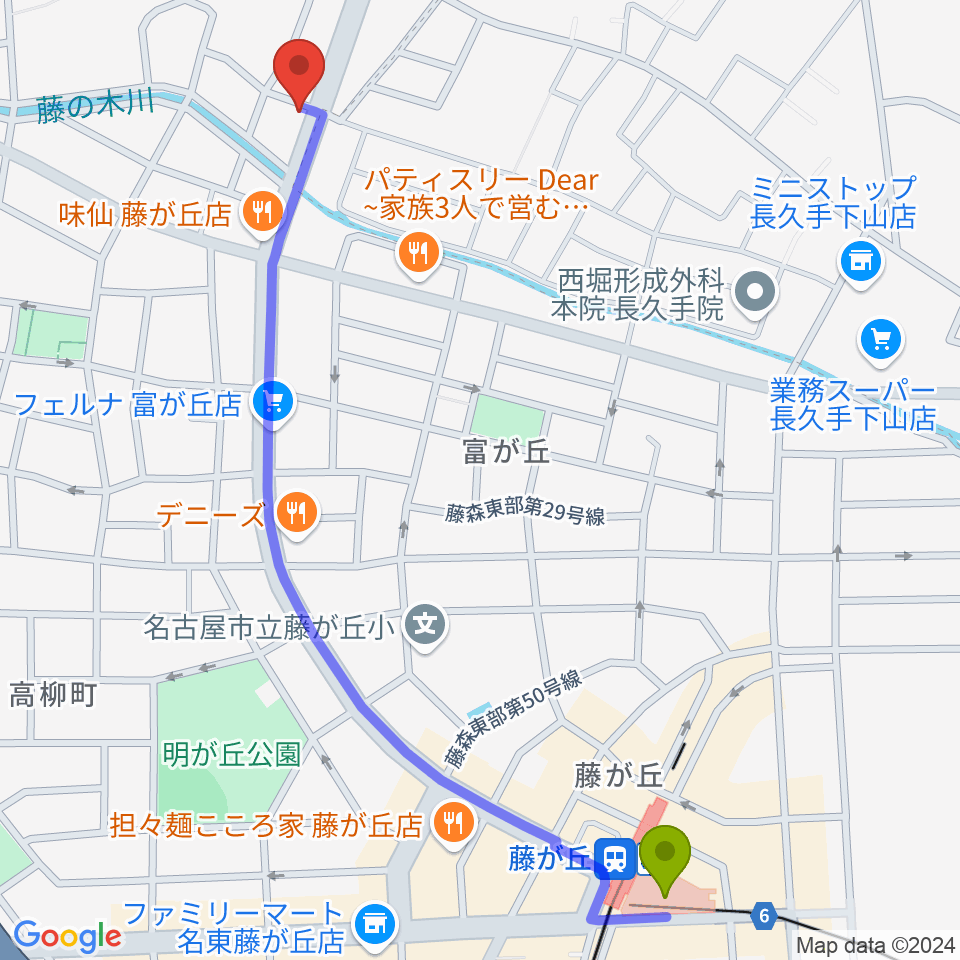 藤が丘ムーンストーンの最寄駅藤が丘駅からの徒歩ルート（約14分）地図