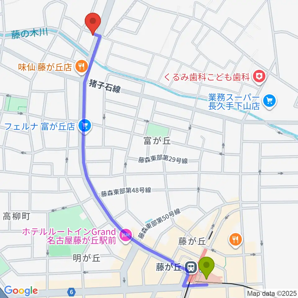 藤が丘ムーンストーンの最寄駅藤が丘駅からの徒歩ルート（約14分）地図