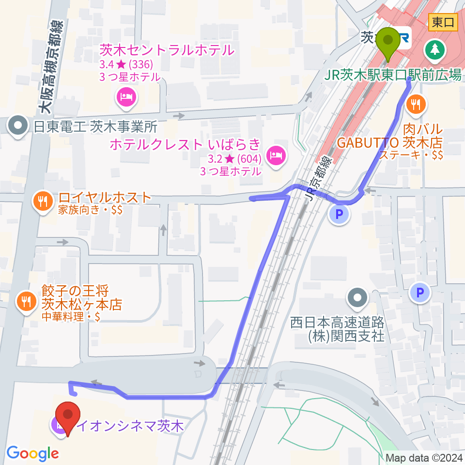 イオンシネマ茨木の最寄駅茨木駅からの徒歩ルート（約8分）地図