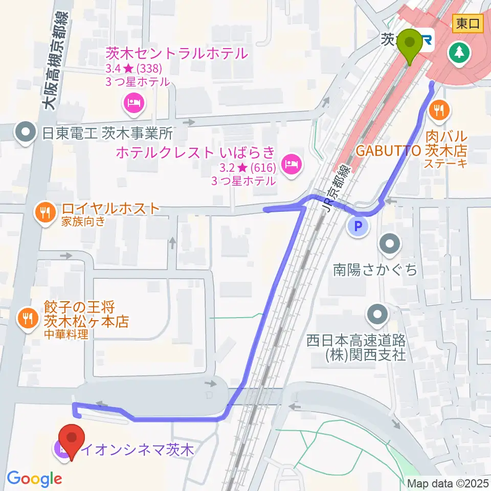 イオンシネマ茨木の最寄駅茨木駅からの徒歩ルート（約8分）地図