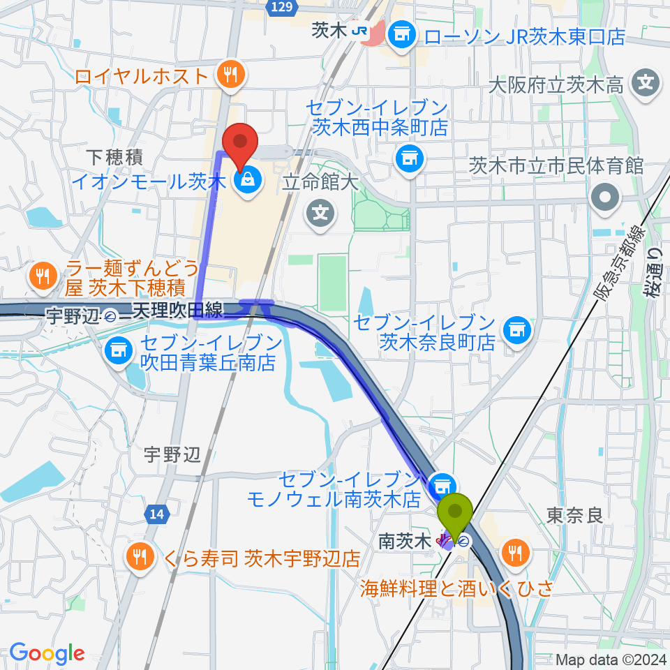 南茨木駅からイオンシネマ茨木へのルートマップ地図