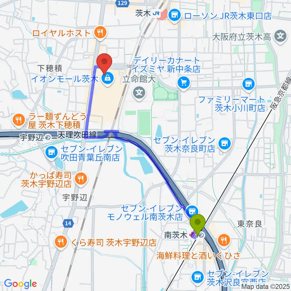 南茨木駅からイオンシネマ茨木へのルートマップ地図