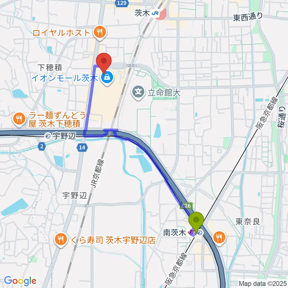 南茨木駅からイオンシネマ茨木へのルートマップ地図