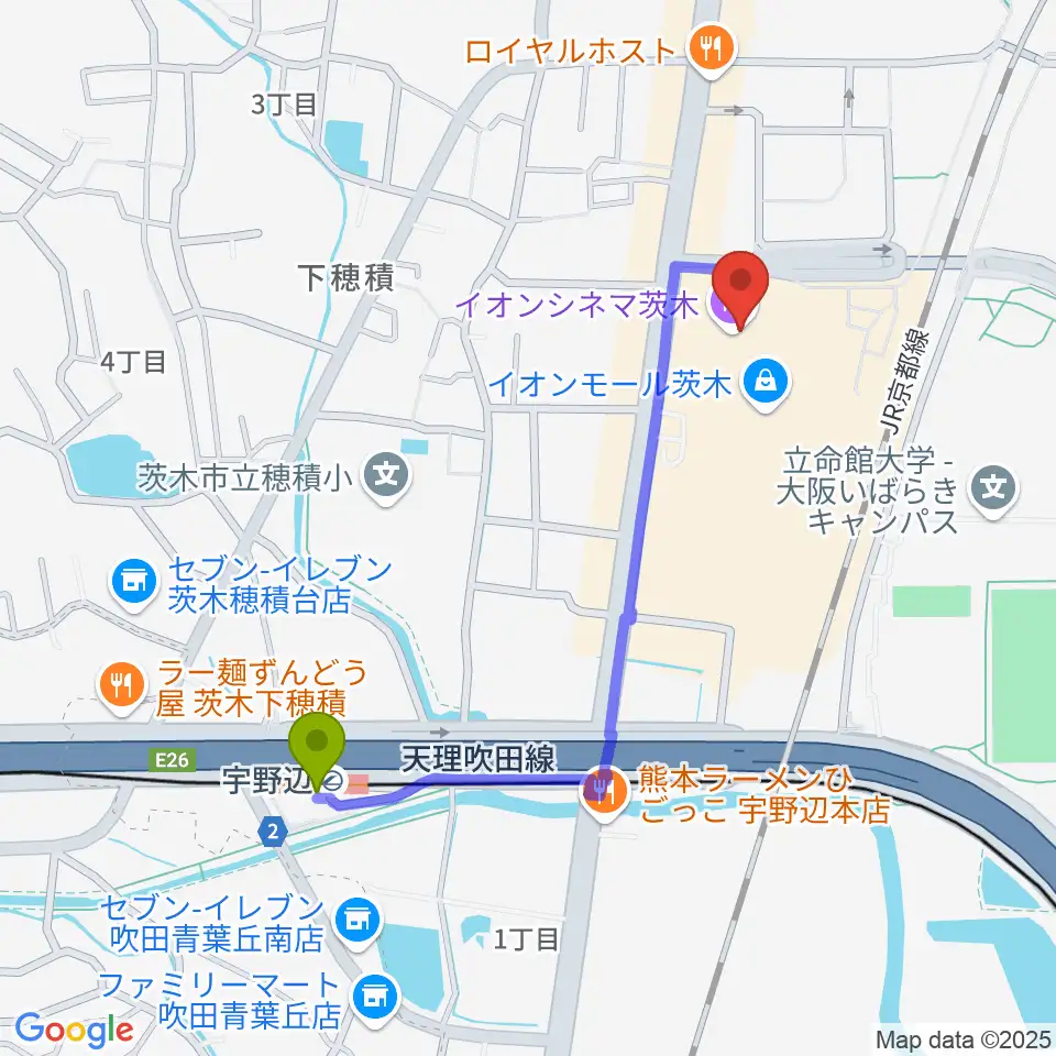 宇野辺駅からイオンシネマ茨木へのルートマップ地図