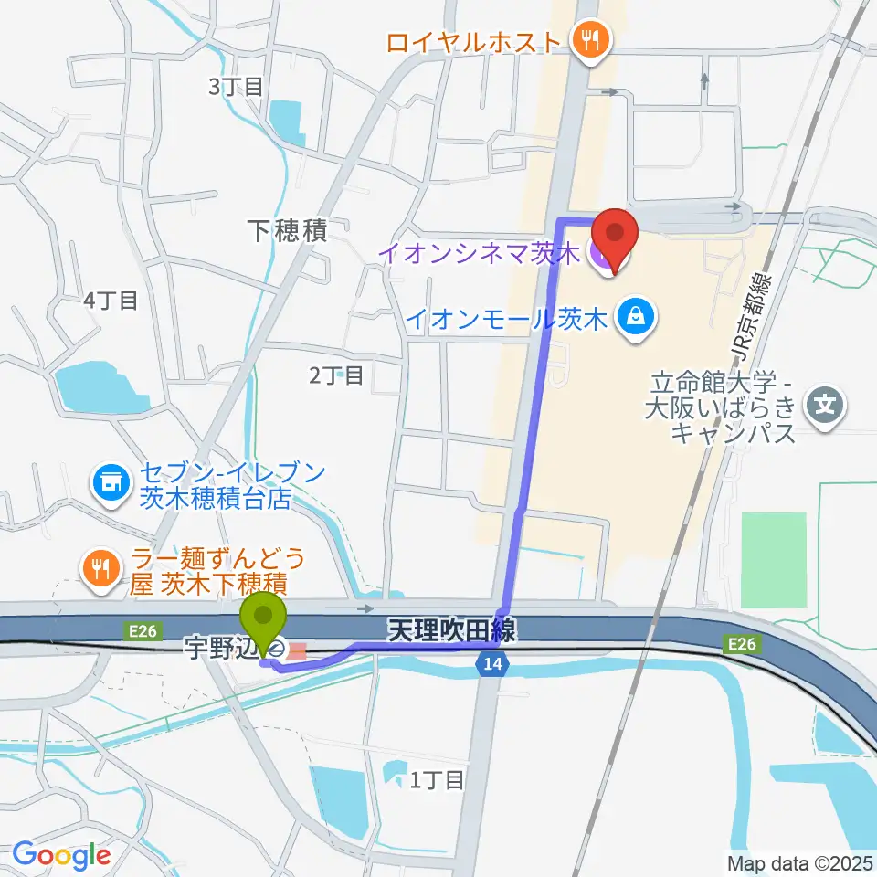 宇野辺駅からイオンシネマ茨木へのルートマップ地図