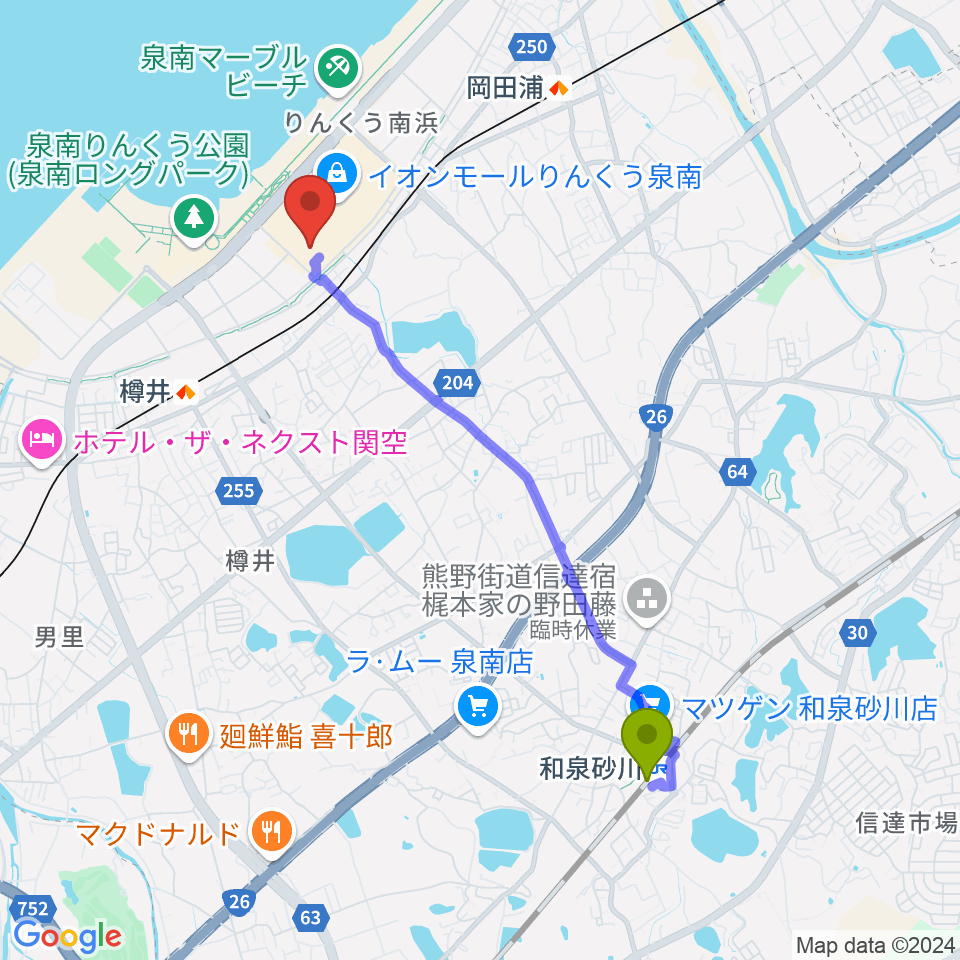 和泉砂川駅からイオンシネマりんくう泉南へのルートマップ地図