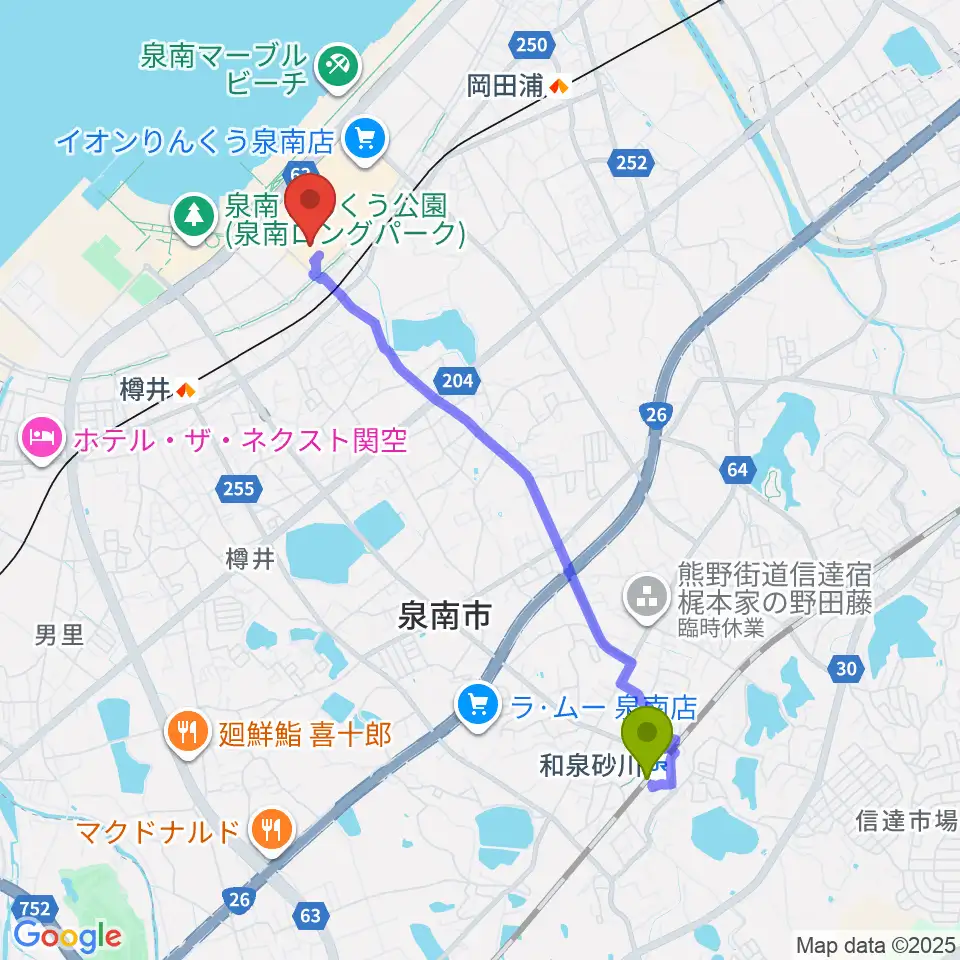 和泉砂川駅からイオンシネマりんくう泉南へのルートマップ地図