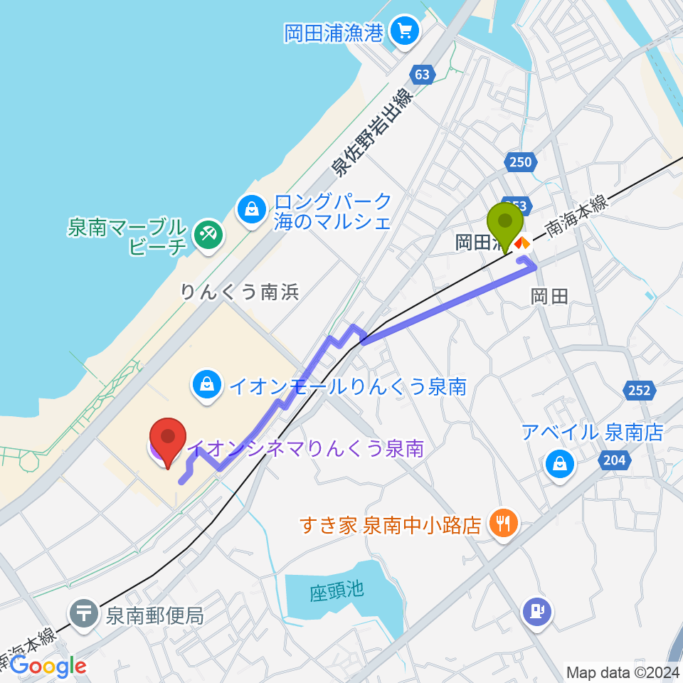 岡田浦駅からイオンシネマりんくう泉南へのルートマップ地図