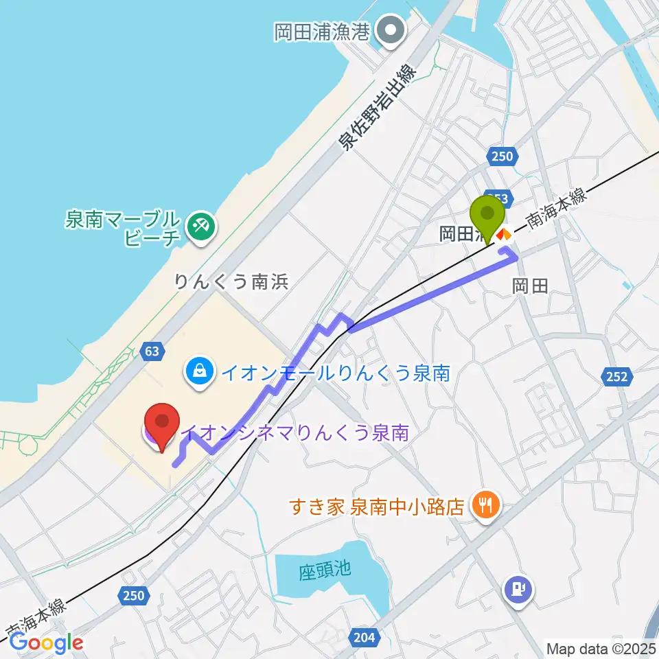 岡田浦駅からイオンシネマりんくう泉南へのルートマップ地図