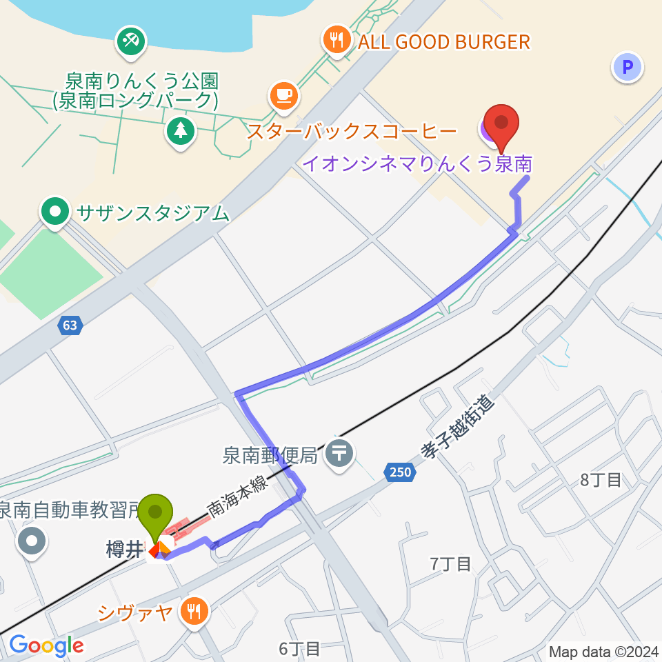 イオンシネマりんくう泉南の最寄駅樽井駅からの徒歩ルート（約12分）地図