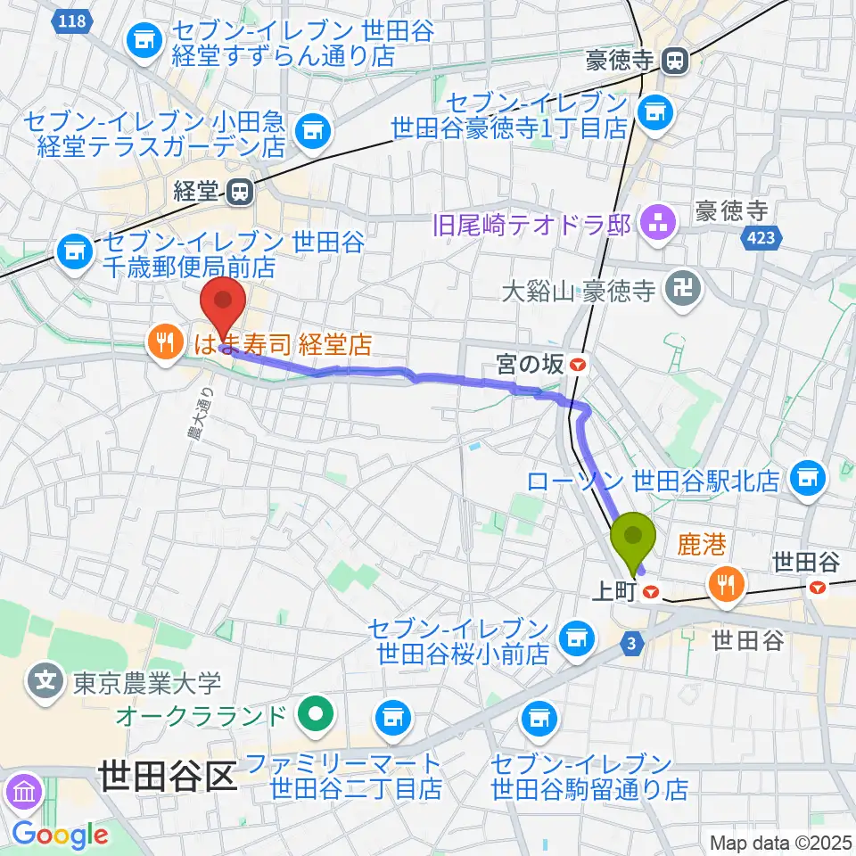 上町駅から経堂LOVE, PEACE & SOULへのルートマップ地図