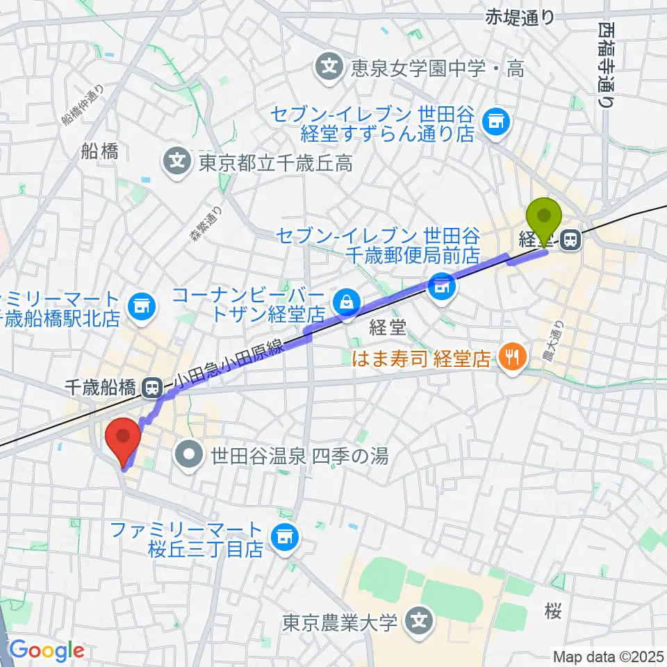 経堂駅からユリミュージックキャンパス 千歳船橋教室へのルートマップ地図