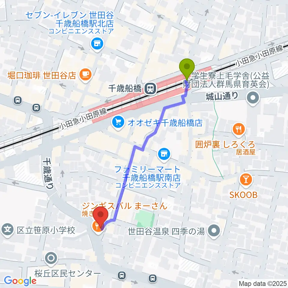 ユリミュージックキャンパス 千歳船橋教室の最寄駅千歳船橋駅からの徒歩ルート（約5分）地図