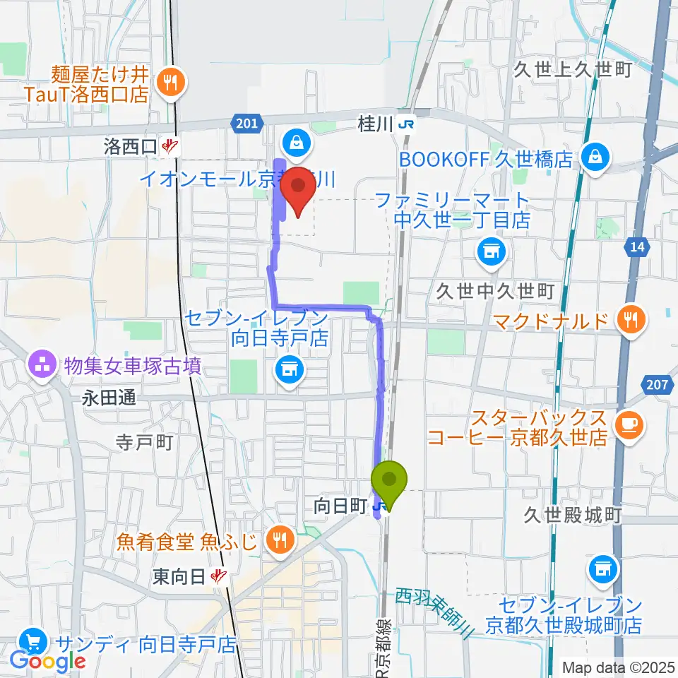 向日町駅からイオンシネマ京都桂川へのルートマップ地図