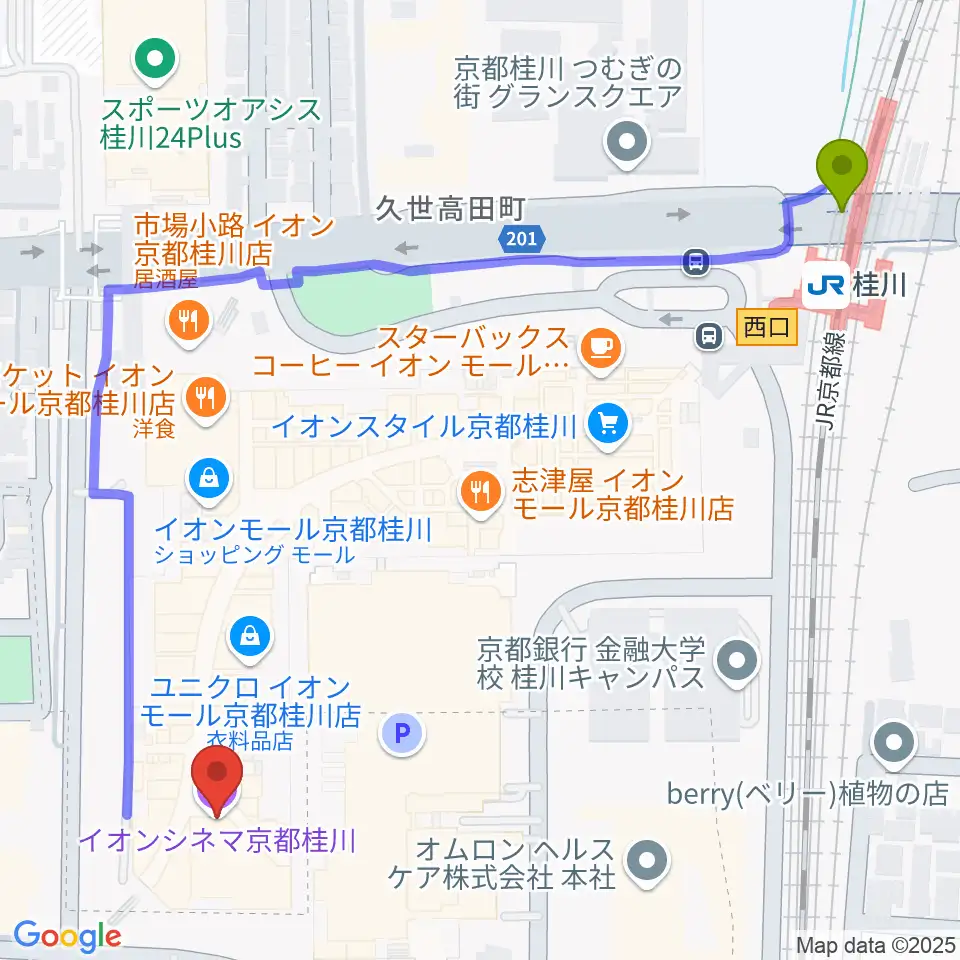 桂川駅からイオンシネマ京都桂川へのルートマップ地図