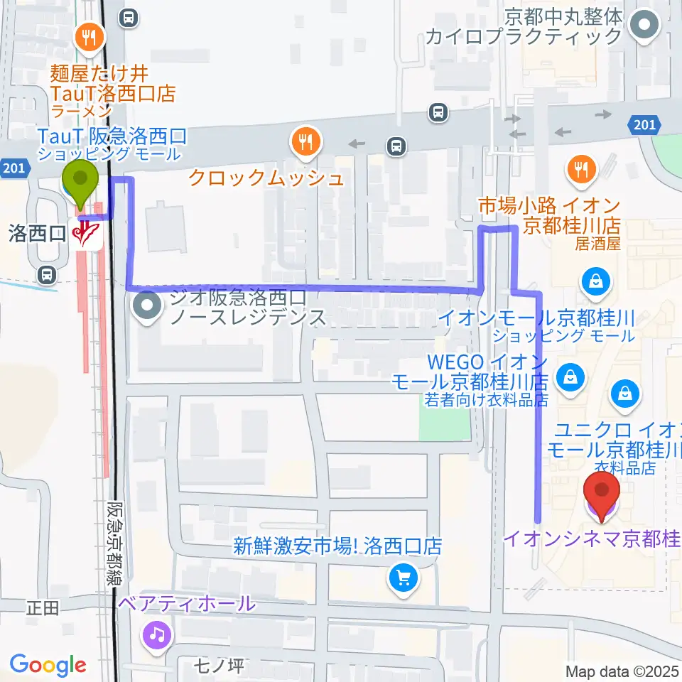 イオンシネマ京都桂川の最寄駅洛西口駅からの徒歩ルート（約7分）地図