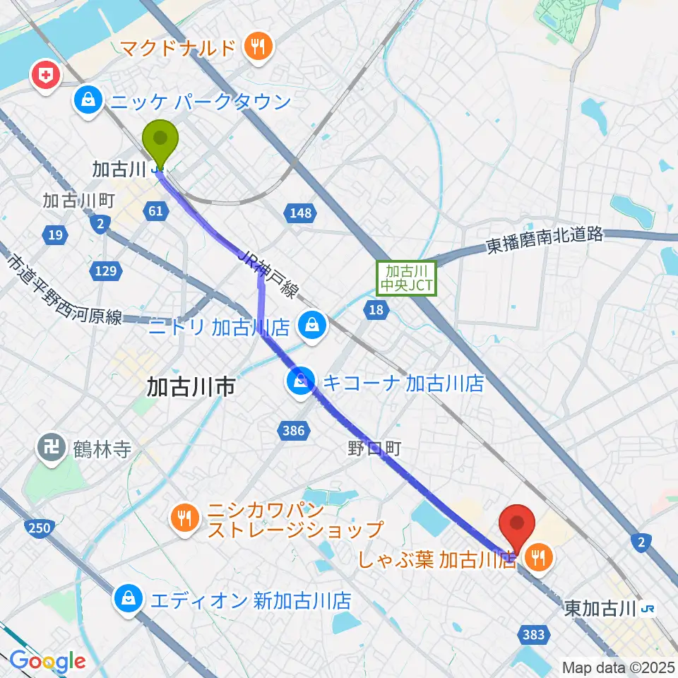 加古川駅からイオンシネマ加古川へのルートマップ地図