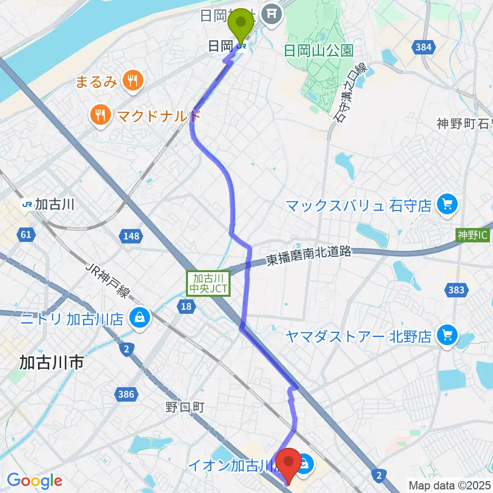日岡駅からイオンシネマ加古川へのルートマップ地図