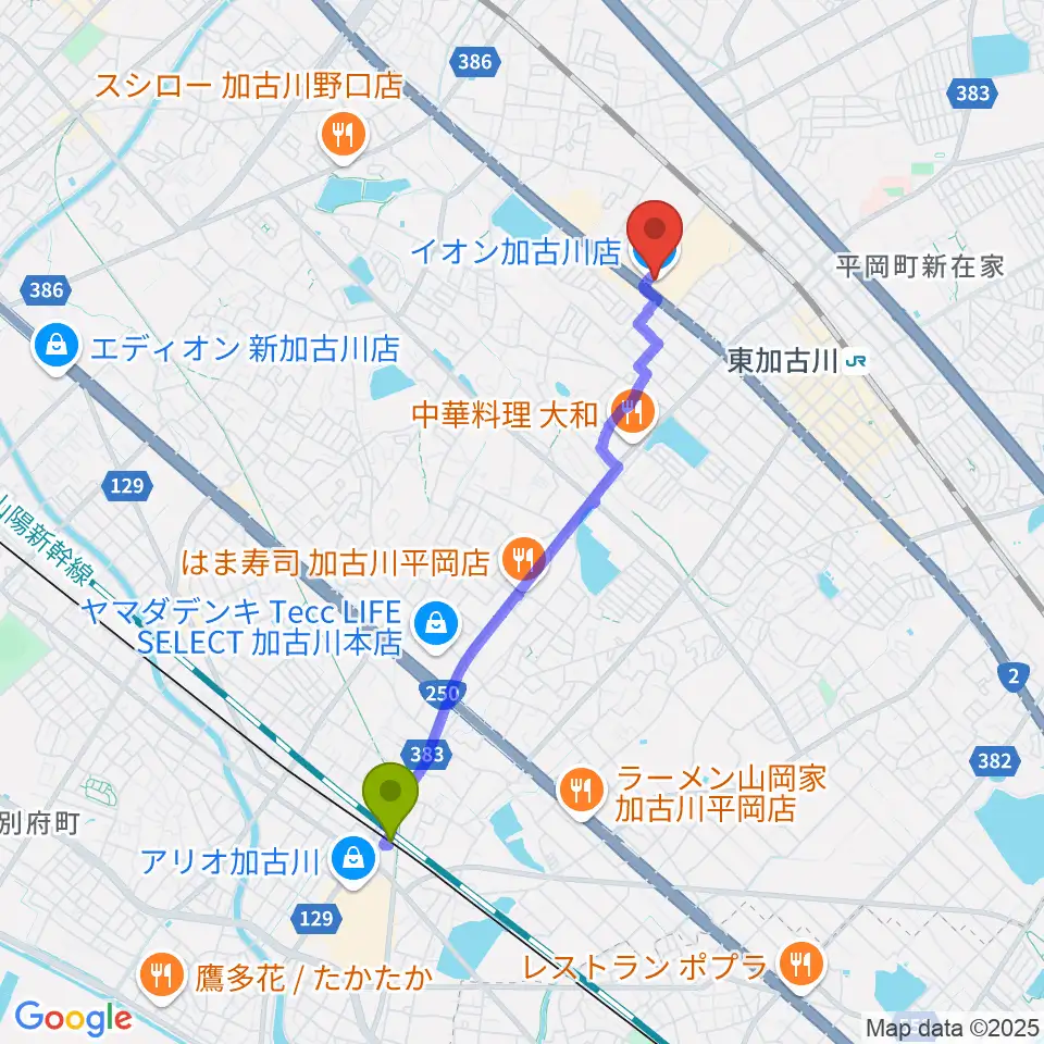 別府駅からイオンシネマ加古川へのルートマップ地図