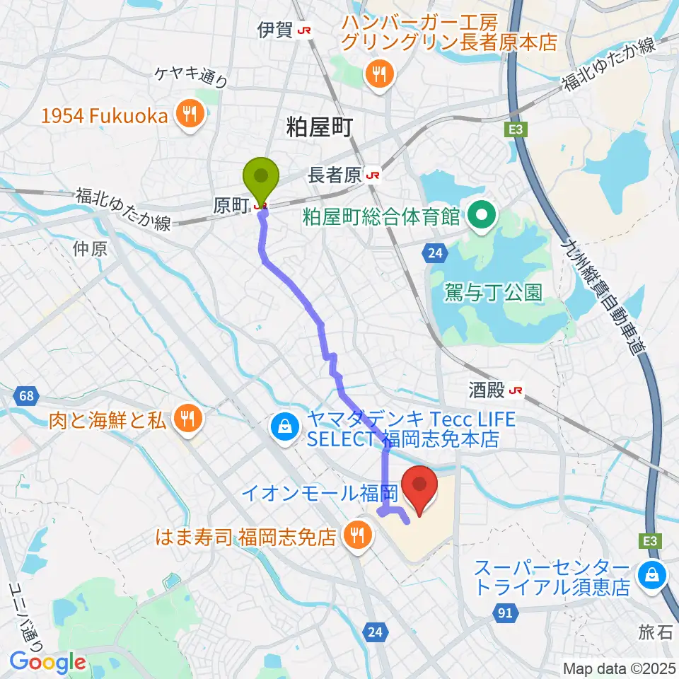 原町駅からイオンシネマ福岡へのルートマップ地図