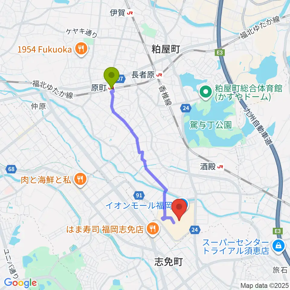 原町駅からイオンシネマ福岡へのルートマップ地図