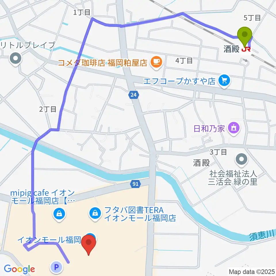 イオンシネマ福岡の最寄駅酒殿駅からの徒歩ルート（約15分）地図