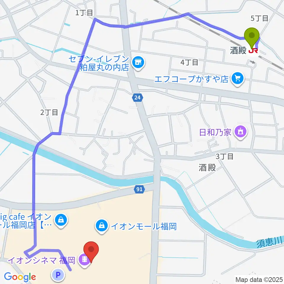 イオンシネマ福岡の最寄駅酒殿駅からの徒歩ルート（約15分）地図
