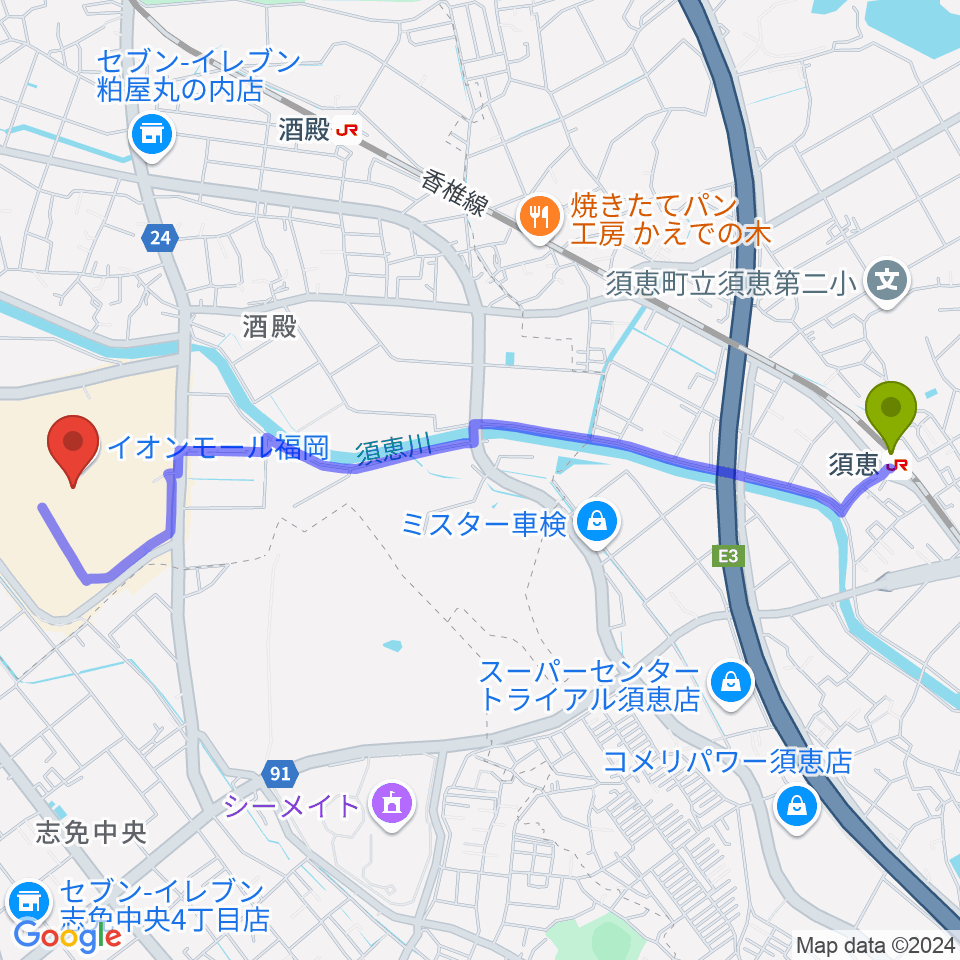 須恵駅からイオンシネマ福岡へのルートマップ地図