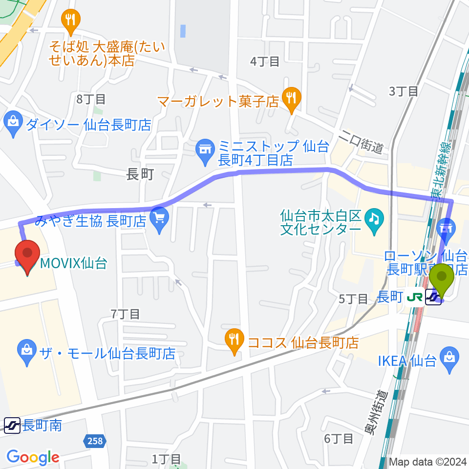 長町駅からMOVIX仙台へのルートマップ地図