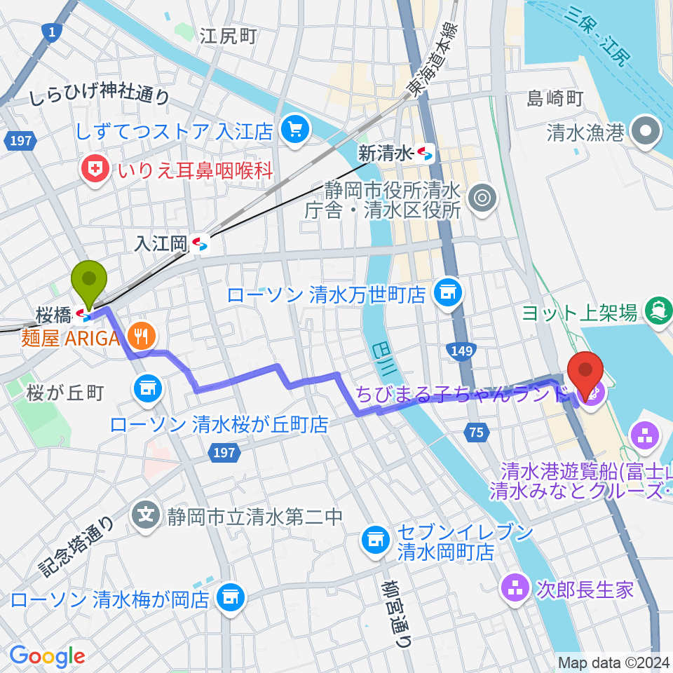 桜橋駅からMOVIX清水へのルートマップ地図