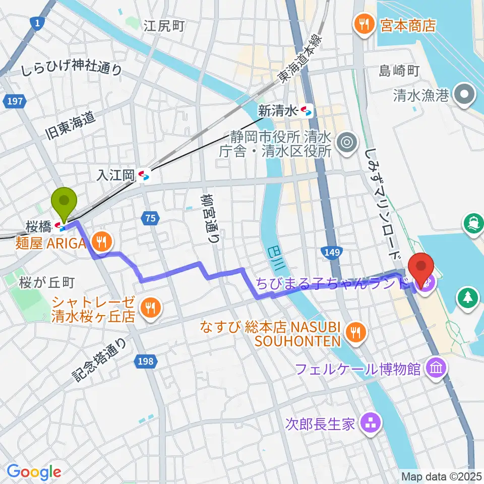 桜橋駅からMOVIX清水へのルートマップ地図