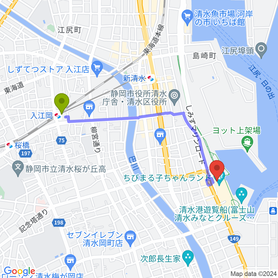 入江岡駅からMOVIX清水へのルートマップ地図