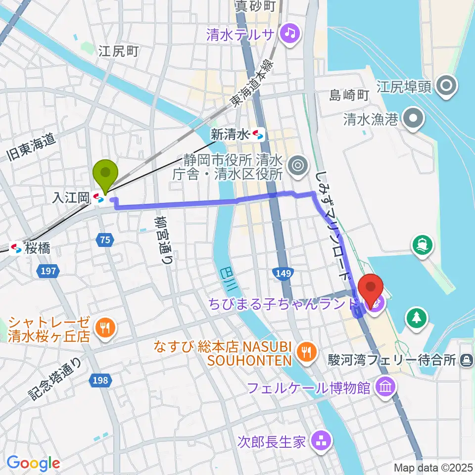 入江岡駅からMOVIX清水へのルートマップ地図