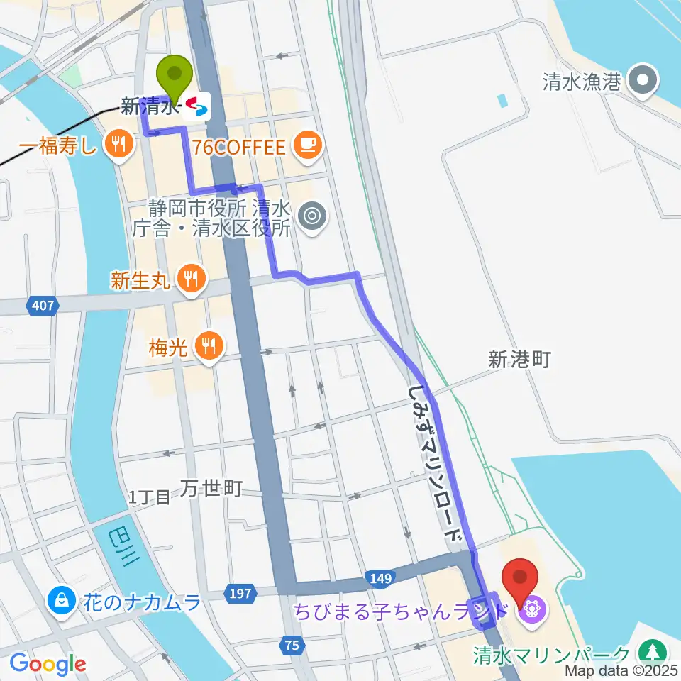 MOVIX清水の最寄駅新清水駅からの徒歩ルート（約14分）地図