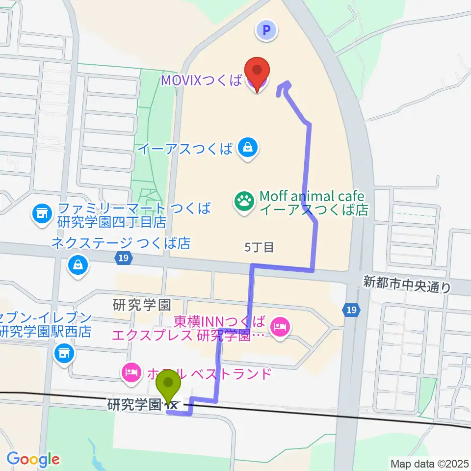 MOVIXつくばの最寄駅研究学園駅からの徒歩ルート（約11分）地図