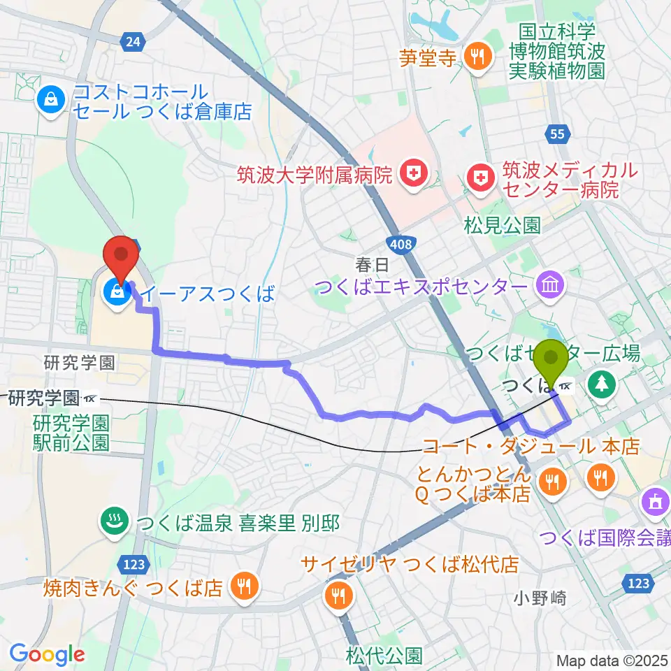 つくば駅からMOVIXつくばへのルートマップ地図