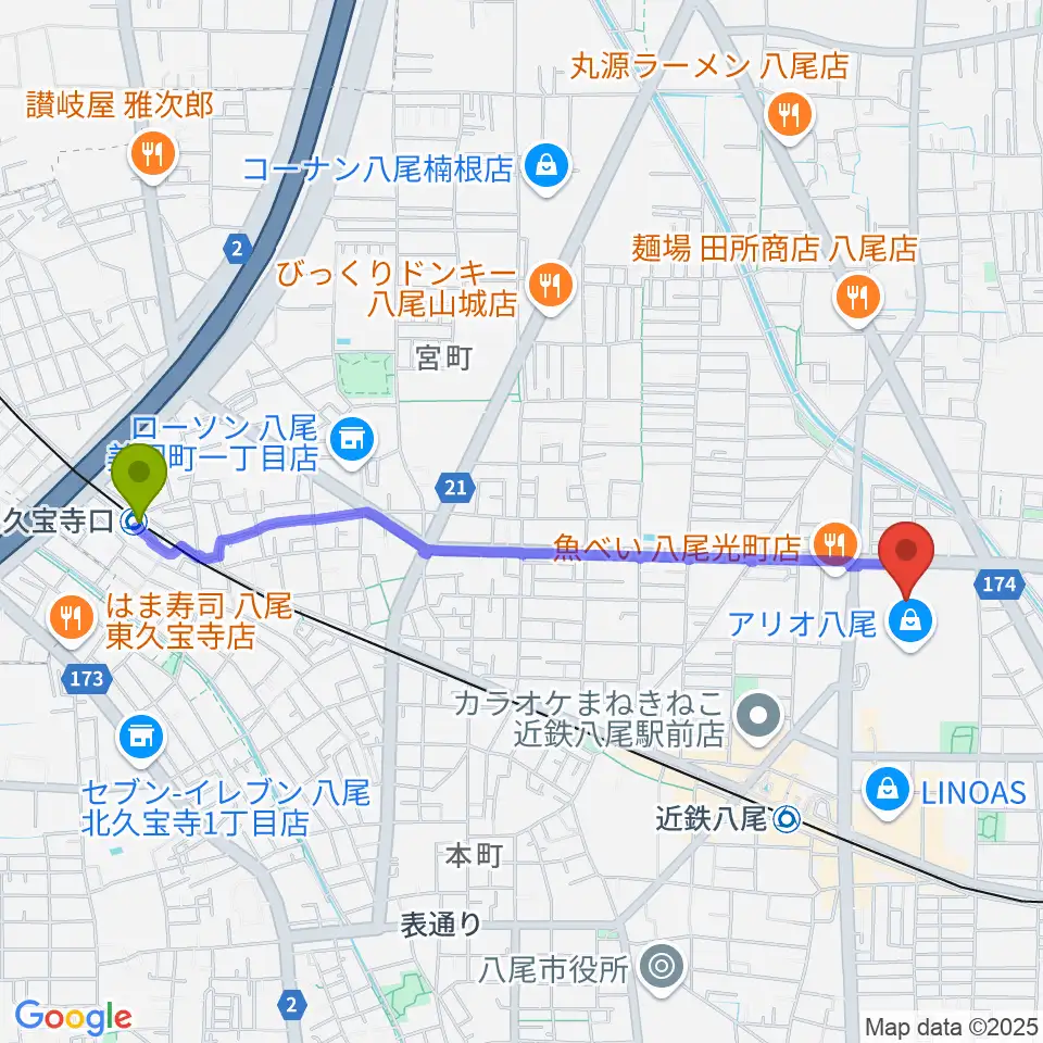 久宝寺口駅からMOVIX八尾へのルートマップ地図