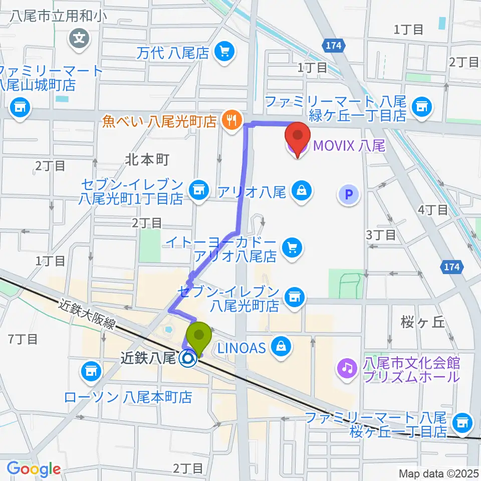 MOVIX八尾の最寄駅近鉄八尾駅からの徒歩ルート（約7分）地図