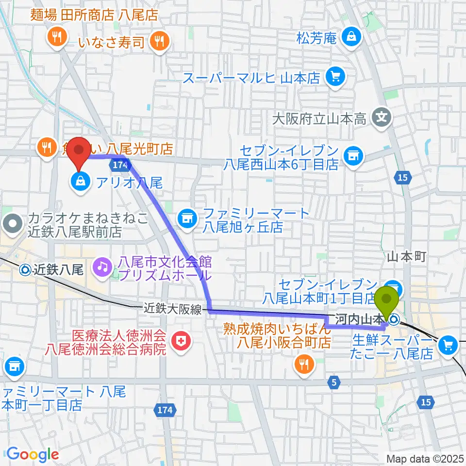 河内山本駅からMOVIX八尾へのルートマップ地図