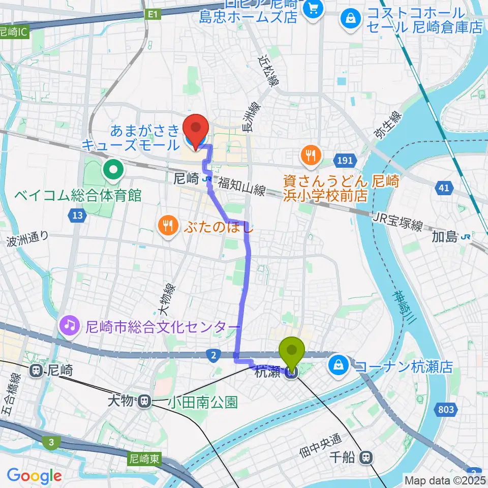 杭瀬駅からMOVIXあまがさきへのルートマップ地図