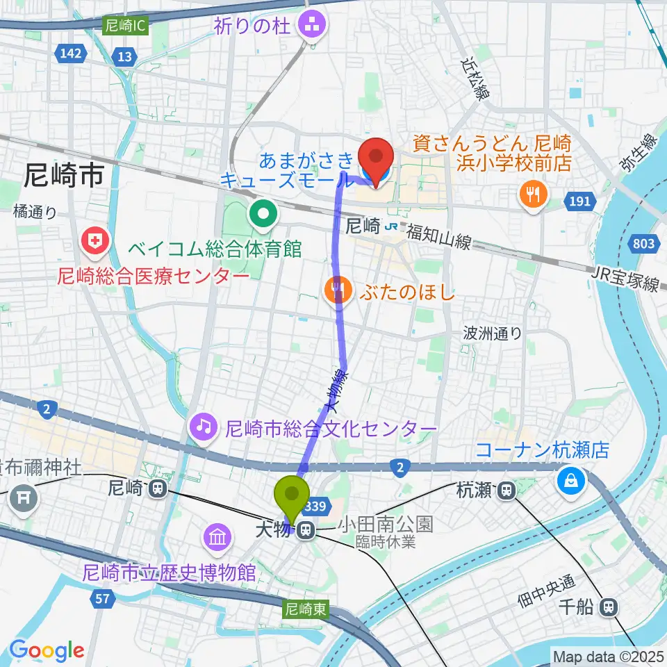 大物駅からMOVIXあまがさきへのルートマップ地図