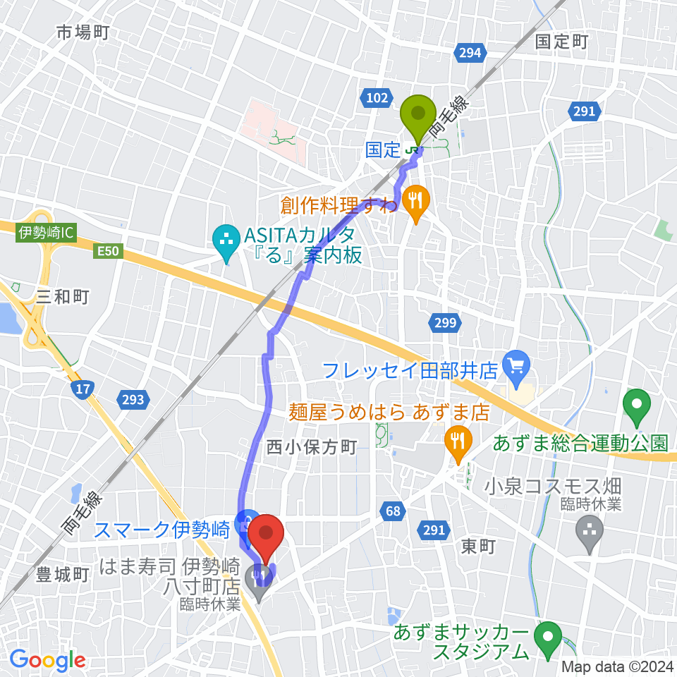 MOVIX伊勢崎の最寄駅国定駅からの徒歩ルート（約40分）地図